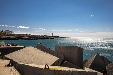 Beautiful view of a bay with stone blocks in Martigues, France - obrazy, fototapety, plakaty