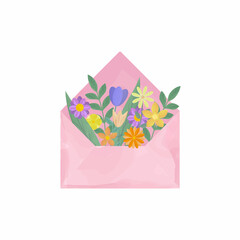 beautiful cute bouquet of flowers in a pink paper envelope. vector watercolor illustration of a romantic gift. festive isolated element for postcard, gift wrapping or cover