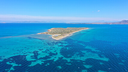 Plakat Aerial drone photo of small uninhibited island of Metopi near Aigina island, Saronic gulf, Greece