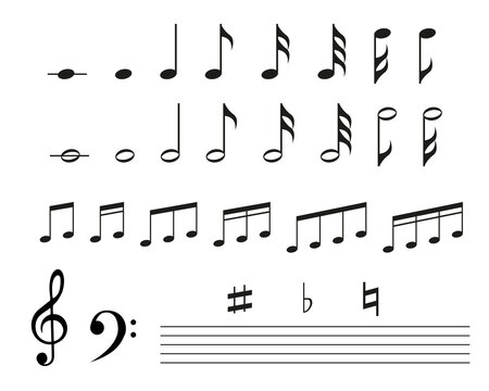 Set of black musical notes isolated on white background. Music symbol Vector illustration.