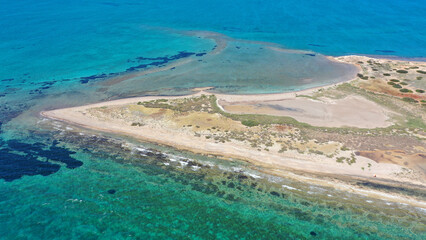 Aerial drone photo of small uninhibited island of Metopi near Aigina island, Saronic gulf, Greece