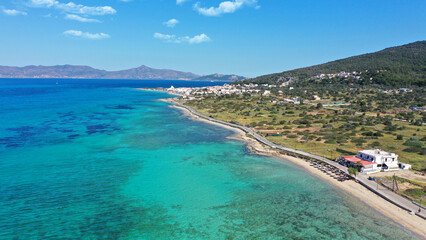 Aerial drone photo of small picturesque village beach and port of Megalochori in island of Agistri,...