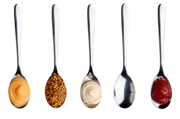 Sauce in a spoon. Mustard, mayonnaise, ketchup, chili sauce in spoon and empty spoon isolated on white background.