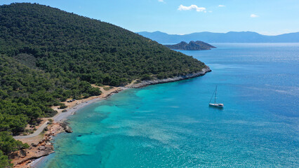 Fototapeta na wymiar Aerial drone photo of paradise bay and turquoise beach of Dragonera covered in pine trees in small island of Agistri, Greece