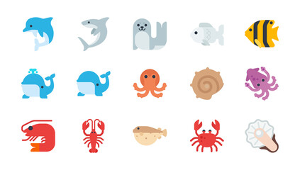 Underwater Animals Set. Fishes and Seafood Icon Collection