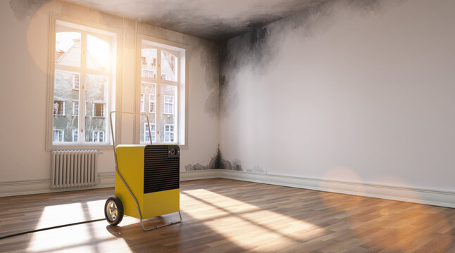 Dehumidifier rent for room water damage at house or apartment with Mould, with copyspace