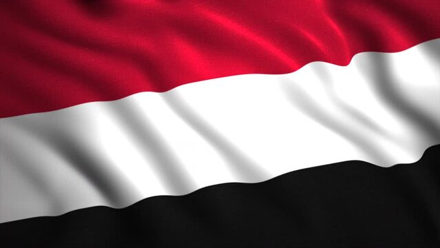 Yemen flag in slow motion animation waving in the wind, realistic background. Motion. Red, white, and black flag cloth, seamless loop.