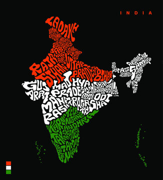 INDIA Map with all Indian states name lettering along with indian color