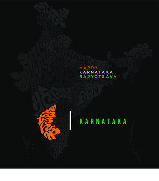 Happy Karnataka Rajyotsava. Karnataka map typography in Kannada script and indian states map with th