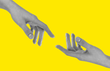 Helping hand. Support in hard time, friendship, sympathy, peace concept on yellow background. High quality photo