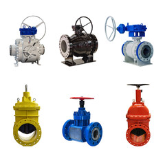 six valves of various designs with manual control for a gas pipeline on a white background - 501389682