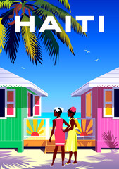 Haiti travel poster. Beautiful landscape with children, bungalows, beach, palms and sea in the background. Handmade drawing vector illustration. - obrazy, fototapety, plakaty