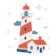 Vector flat colorful illustration isolated on white. Cute lighthouse. 