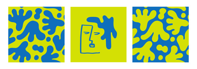 Set of blue and green seamless patterns with abstract line art face and silhouette organic shapes. Boho minimalist style. Vector fashion background