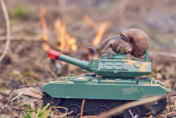 An ordinary garden snail on a toy tank against the background of nature. Funny photo.