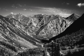 Scenic view of the San Juan mountains in Silverton, Colorado in cloudy sky background