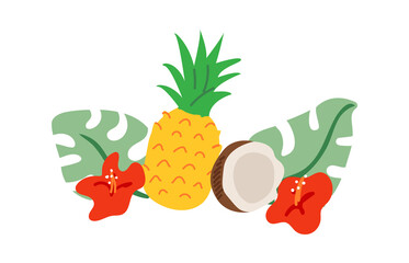 Vector illustration with exotic tropical fruits and flowers. Pineapple. coconut, hawaiian flower hibiscus and monstera leaves on isolated background. 