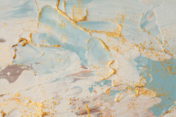 Beige, blue and gold Color canvas texture horizontal background. Art Abstract  acrylic and watercolor smear blot painting.