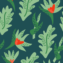 Seamless pattern with strelitzia flowers and abstract tropical leaves. Exotic jungle vector background. 