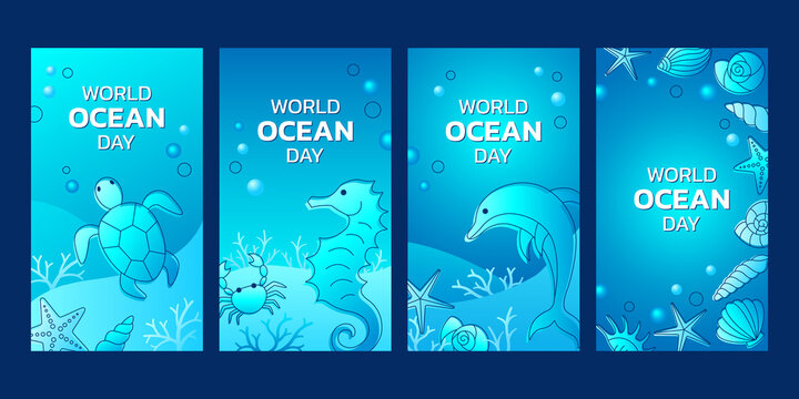 World ocean day banner collection with seahorse, turtle, dolphin and sea shells. Vector illustration.