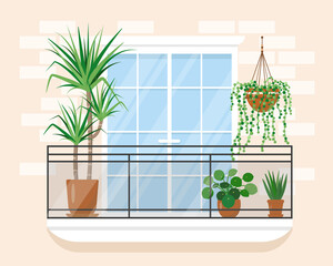Cozy balcony with homeplants. Facade of Modern house in trendy style. Flat or cartoon vector illustration.