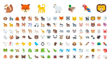 All Animal Emoticons in One Big Set. Birds, Reptiles, Mammals Animals Icon Collection. Animal Illustration Collection