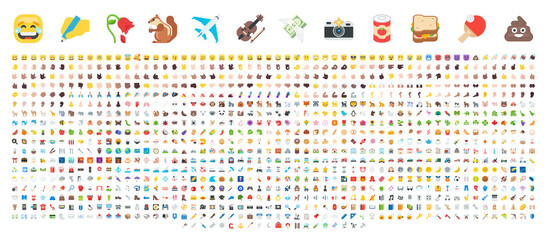 All Emoticons in One Big Collection. Emoji Vector Set. Transport, Animal, Sport, Music, Technology and Food Icon Set