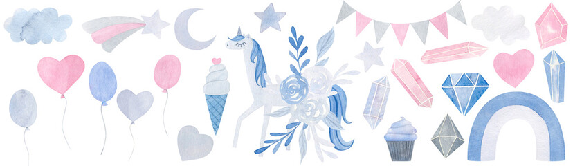 Hand drawing watercolor children's illustration set clipart with cute unicorn, flowers , diamonds