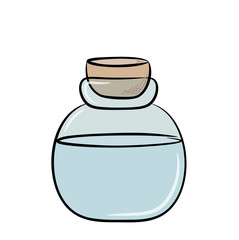 A colorful drawing of a glass vial with a liquid inside outlined in black. The jar is closed with a cork stopper.