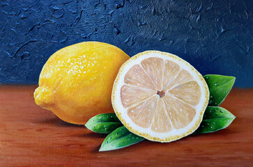 Oil painting depicting a still life of whole and half lemons on a wooden table