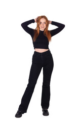 young redhead woman in full length isolated on white background