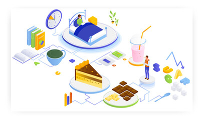 People monitoring sugar intake, reading before bedtime, vector isometric illustration. Daily night routine. Health care.