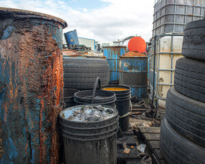 Hazardous waste in yard of chemical waste processing and disposal works