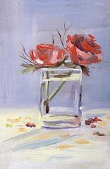Vertical shot of an oil painting depicting still life of red roses in a glass vase