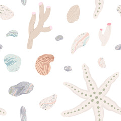 Beige seamless pattern with seashells, starfish and pebble on white background. Pastel vector hand drawn illustrations.