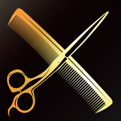 Scissors and comb gold symbol. Sign for stylist and beauty salon - obrazy, fototapety, plakaty