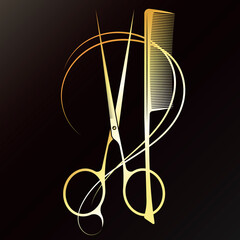 Golden scissors and comb symbol. Beauty salon and hair care