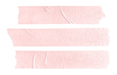 Set of three pink blank paper tape stickers isolated on white background