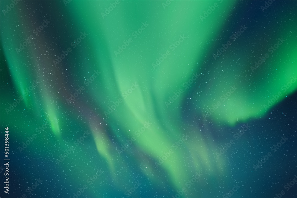 Poster night starry sky and northern lights. green aurora borealis