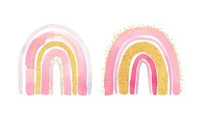Watercolor pink and gold glitter rainbow - 501398648