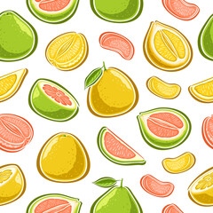 Vector Pomelo seamless pattern, repeating background with set of cut out illustrations ripe colorful pomelo with green leaves, group of organic different pomelo on white background for wrapping paper