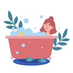 Vector flat illustration isolated on white. Relaxed girl lying bathroom with foam bubbles. 