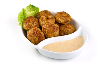 Baked meatballs, isolated on white background.