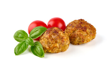 Baked meatballs, isolated on white background.