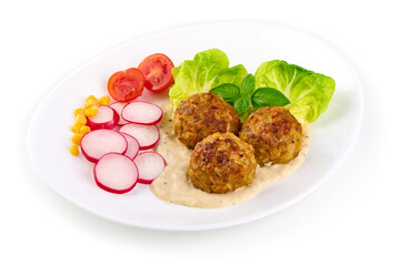 Baked meatballs, isolated on white background.