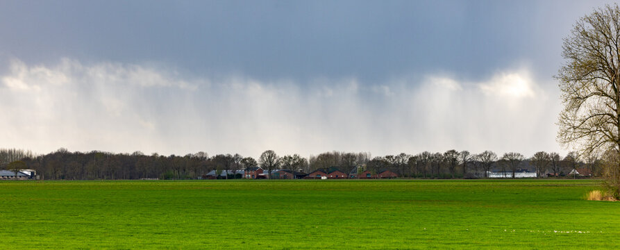 Panoramic view of the landscape with green fields and houses in the background