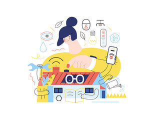 Technology Memphis -Intelligent building, modern flat vector concept digital illustration Smart house, management metaphor -woman and building resolving problems. Creative landing web page
