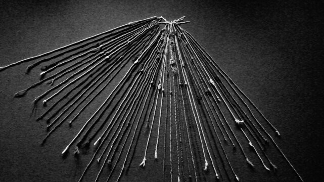 Top view grayscale shot of the knots of the Inca knot and threads at a museum in Inca city, Peru