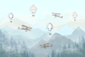 Illustration of flying planes and balloons with a blue background. Slightly misty forest and high mountains. Kids wallpaper style. - obrazy, fototapety, plakaty
