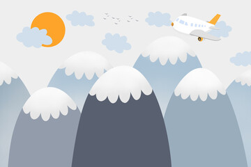 Illustration of children doodle mountain. Mountain landscape, clouds. Children's wallpaper. Mountainscape, children's room design, wall decor. © Alexander